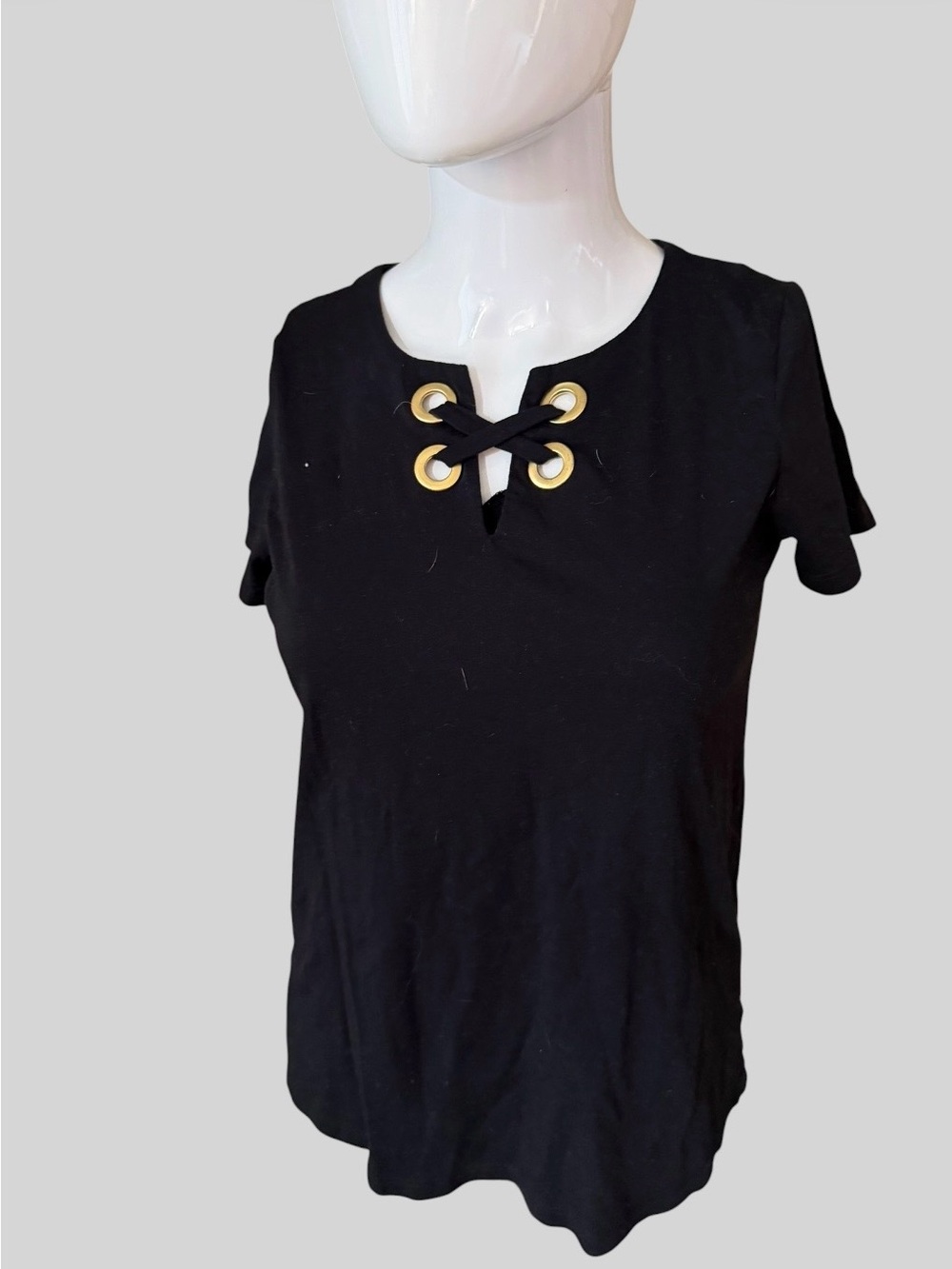 Michael Kors Black Short Sleeve Top with Gold Eyelet Lace-Up